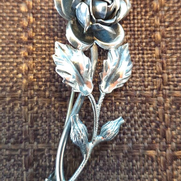 BEAUTIFUL VINTAGE 3-DIMENSIONAL ROSE FLOWER 835 STERLING SILVER BROOCH PIN - Picture 3 of 10